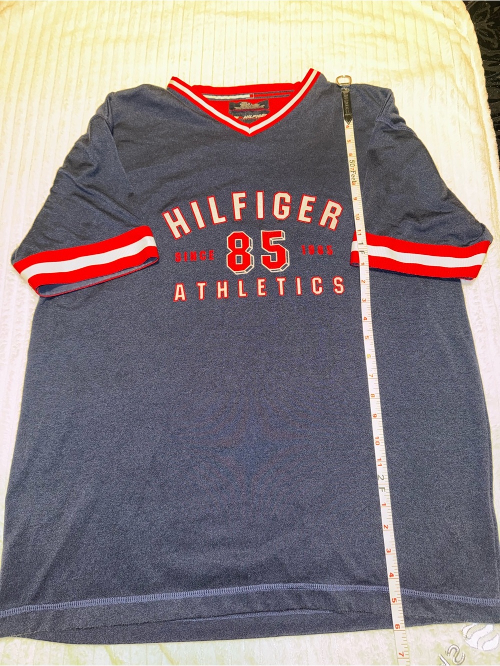 Tommy Hilfiger Athletics 85 Varsity V-Neck Shirt Navy Red White L